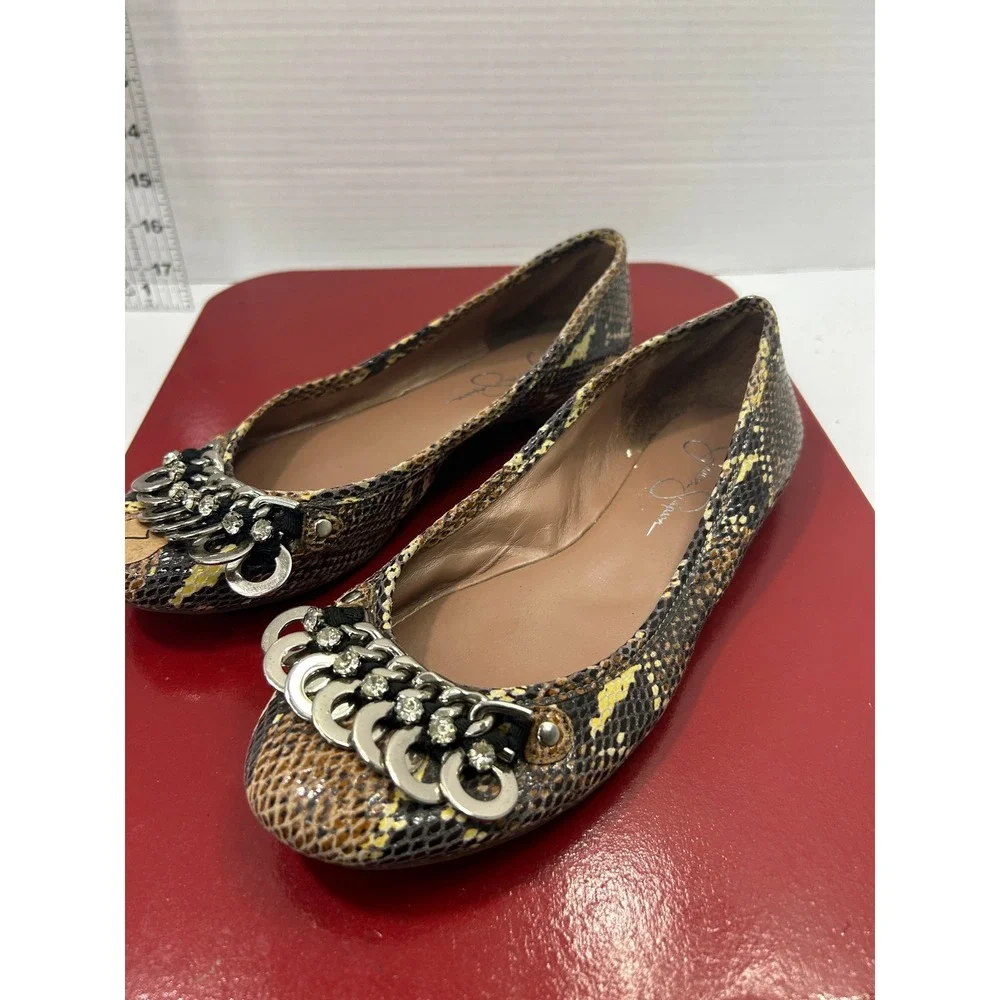 Jessica Simpson Snakeskin Ballet Flat 7B Brown Yellow Chain Rhinestone Glam Edgy